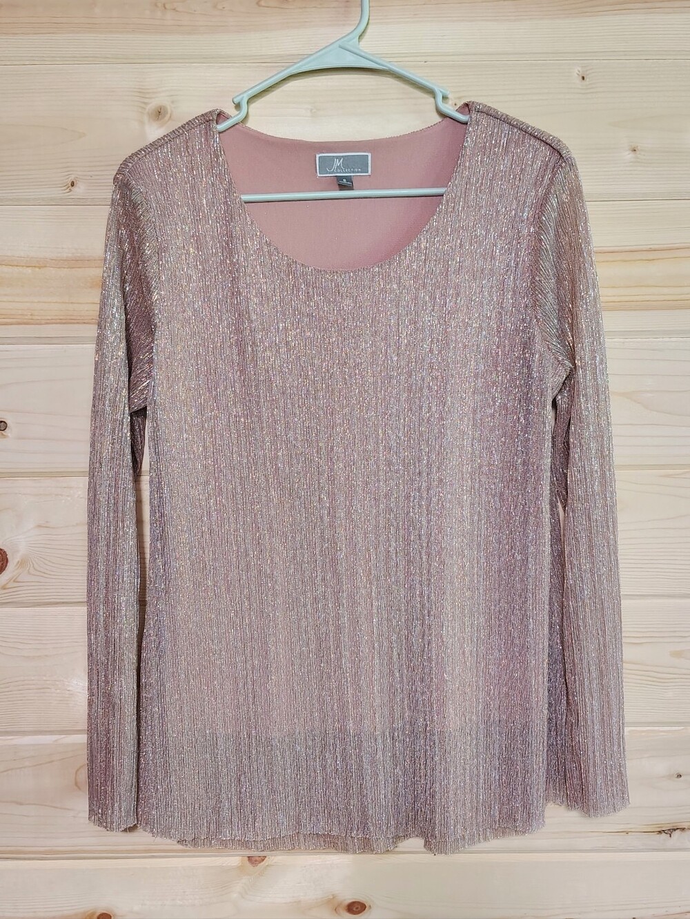 JM Collection Metallic Blush Pink Shimmer Top S Long Sleeve Delicate Feminine - Picture 1 of 7